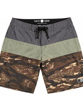 Salty Crew Mens Camo Fish Print Colorblock Board Shorts Swim Trunks 31